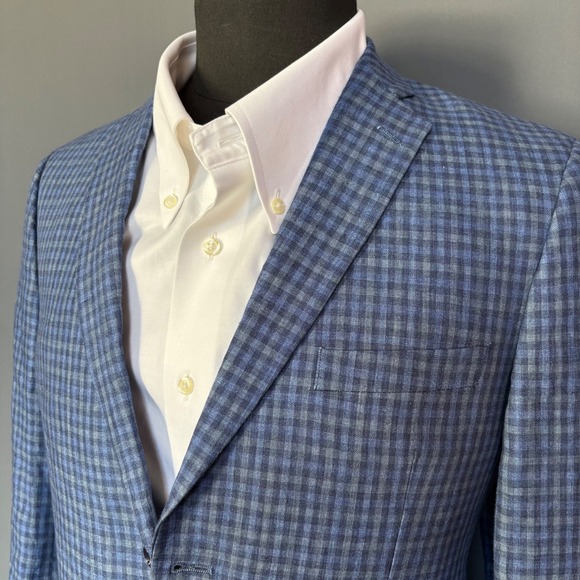 TALLIA Other - Tallia Linen Gingham Blazer | Size 36-38R | Blue Check Gold‎ Button Sport Coat